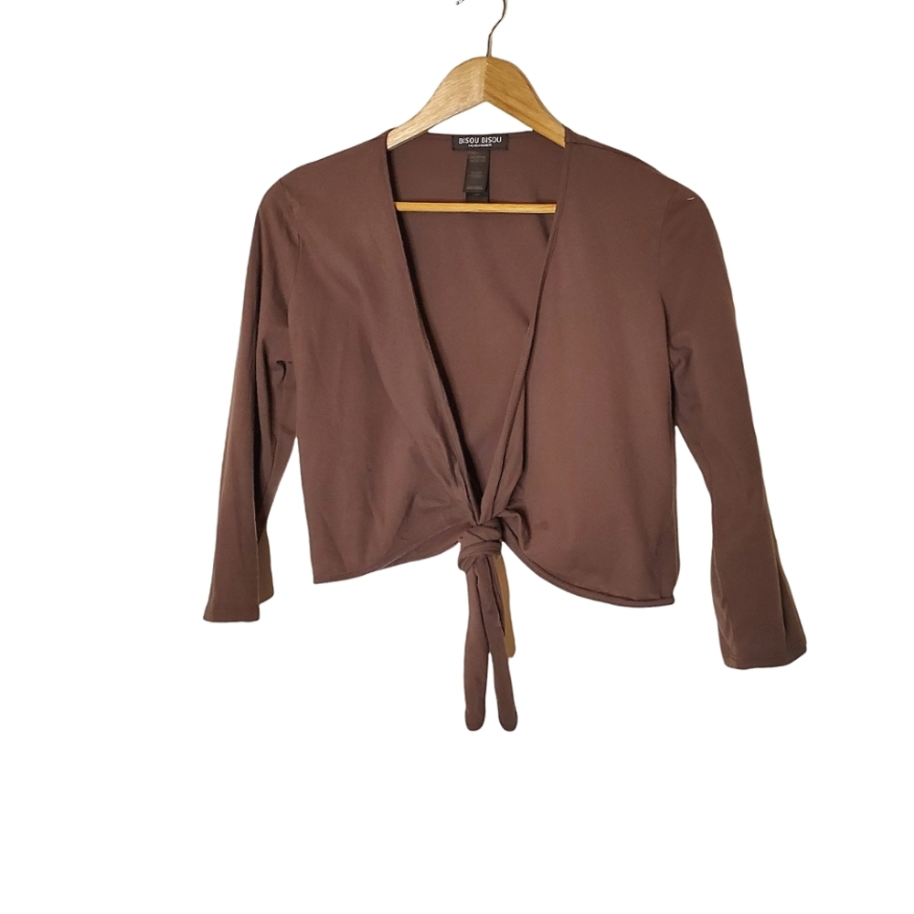 Brown Y2k  3/4 Length Sleeve Tie Front Crop Top